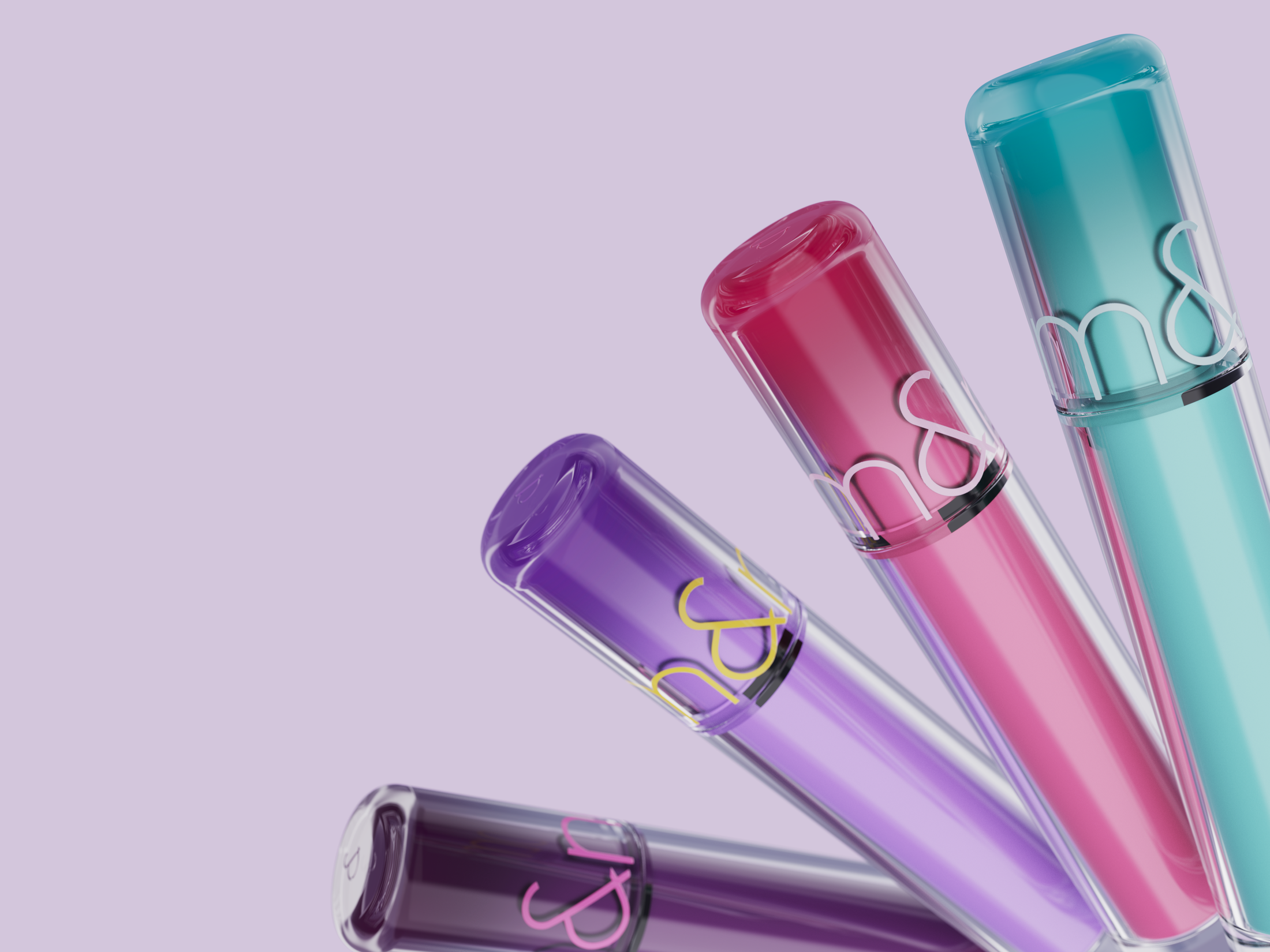 Colorful 3D renders of glass lip gloss tubes on a lavender background