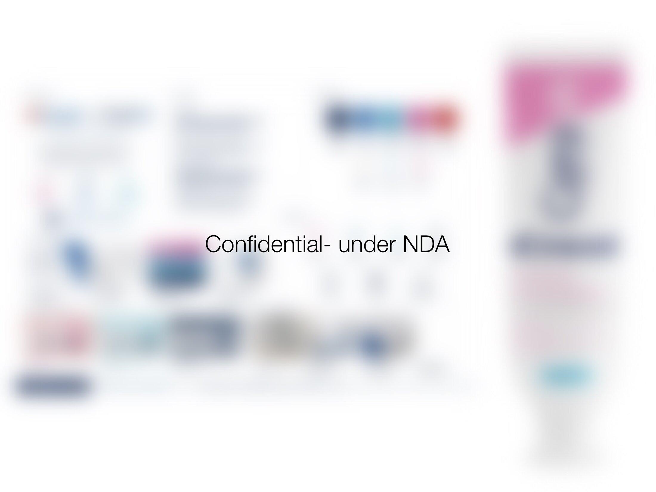 Early toothpaste packaging concept renders alongside branding reference screenshots, blurred and labeled confidential under NDA