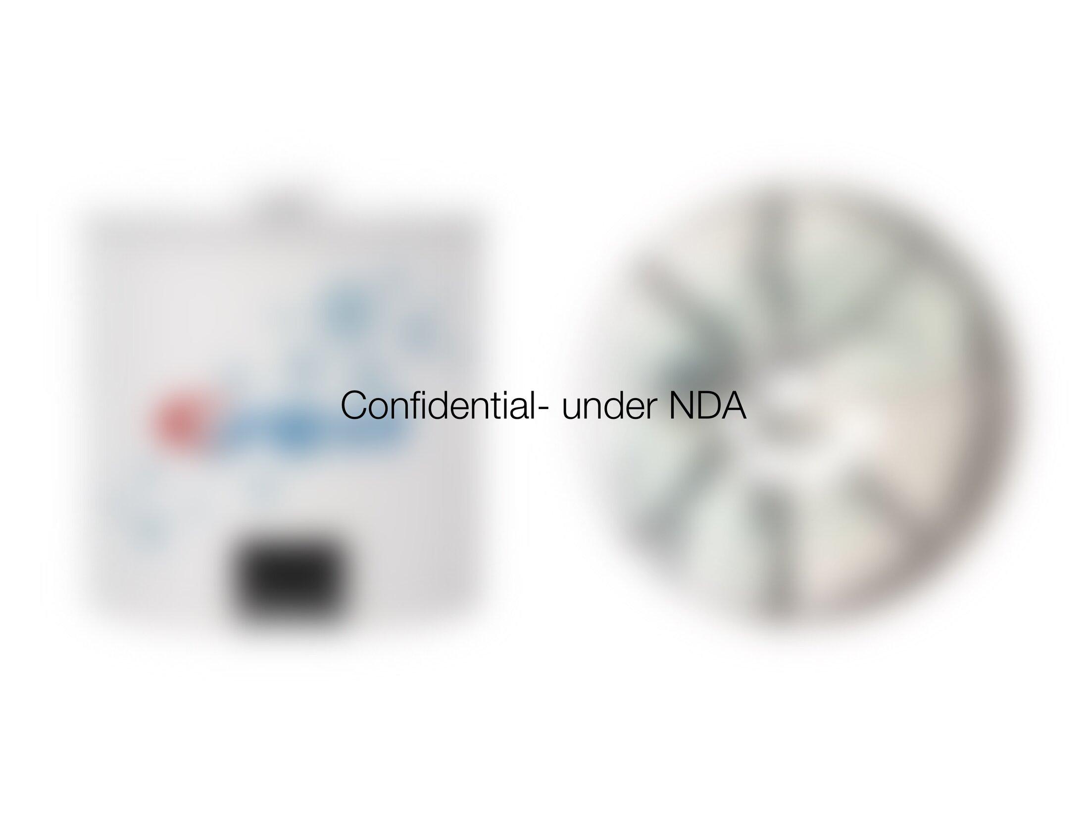 Early concept photos of a small device screen and a round mechanical component, blurred and labeled confidential under NDA