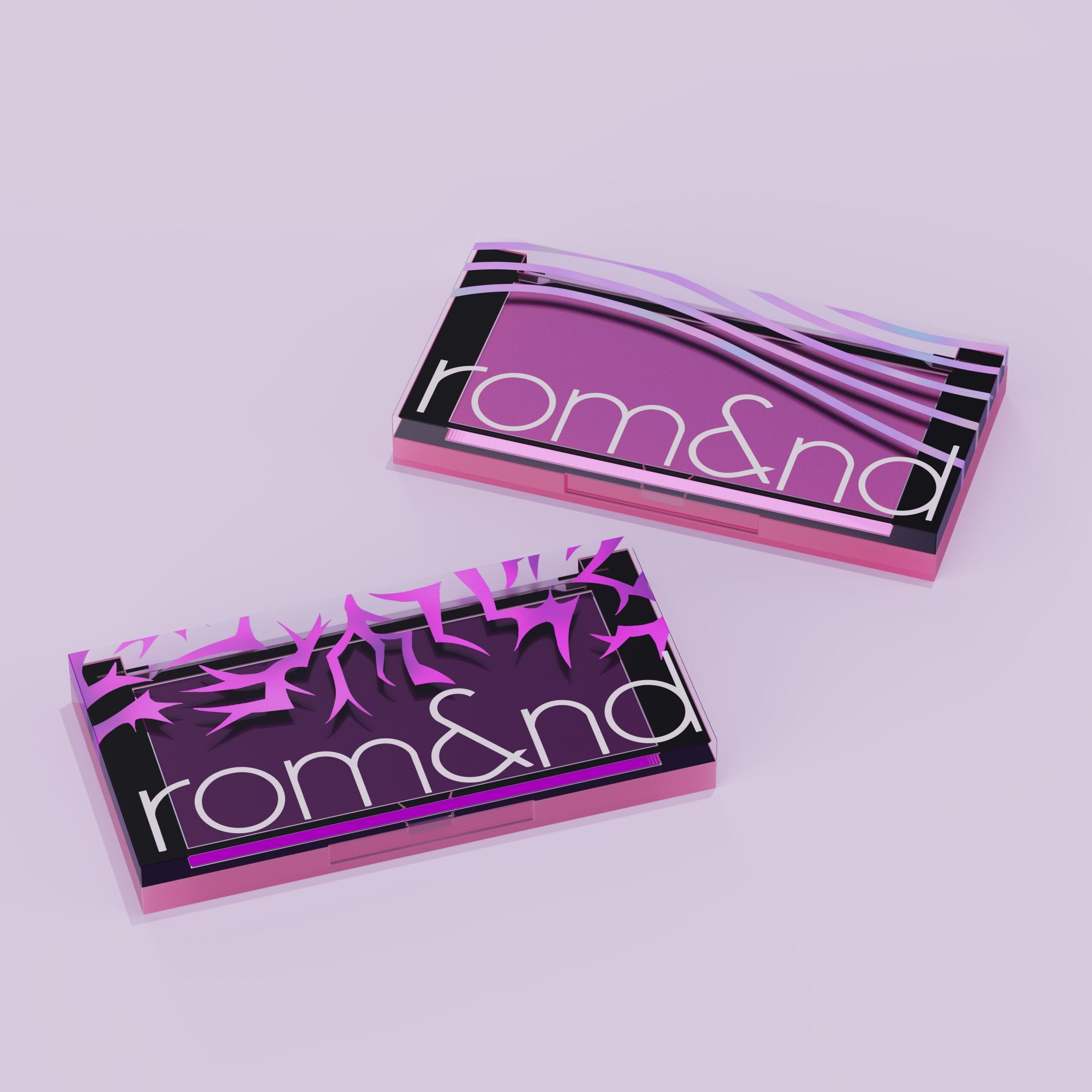 Two Rom&nd blush compacts, one pink and one deep purple, at an angled view