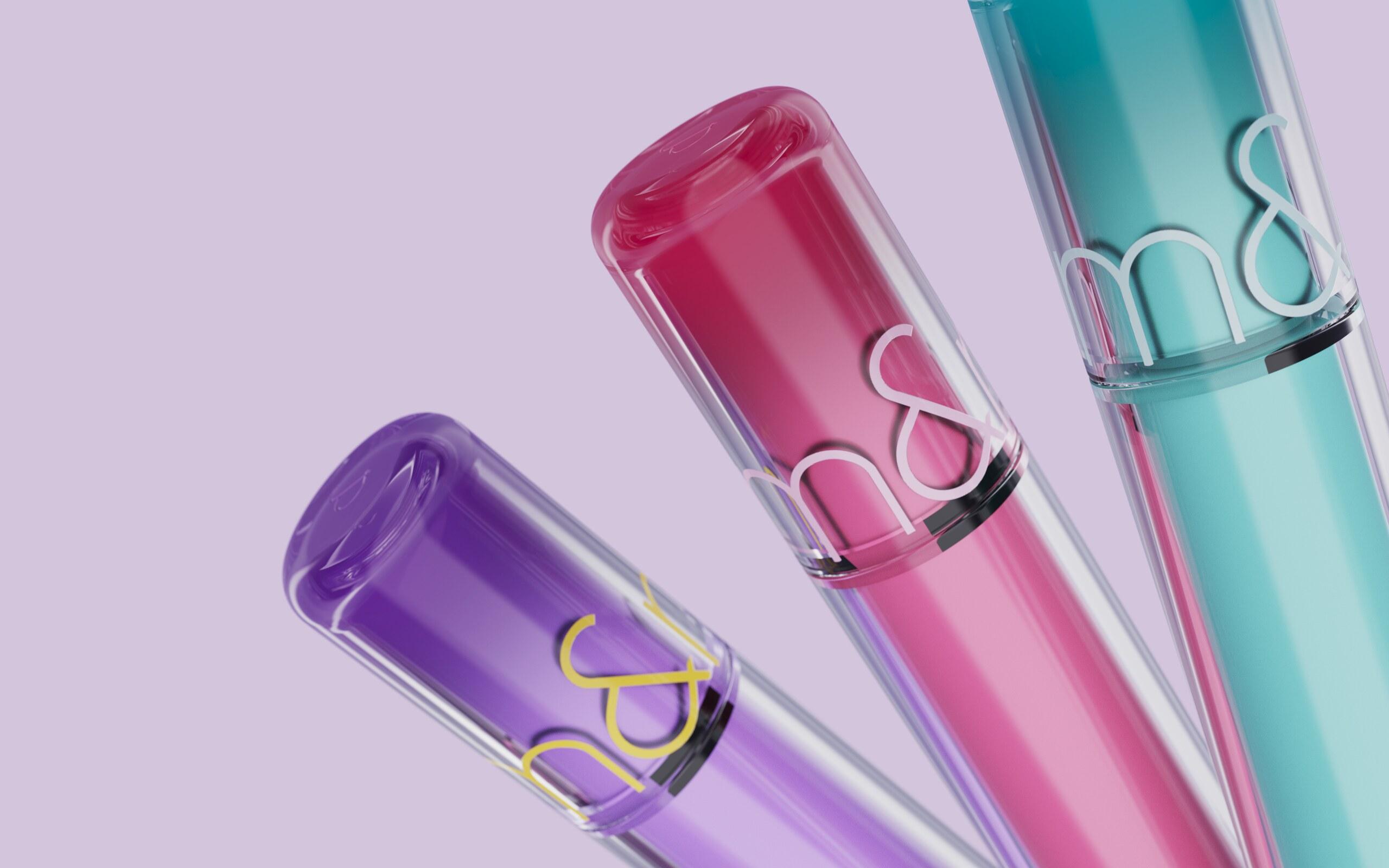 Close-up of the four Rom&nd x Kpop Demon Hunters lip glosses fanned out against a lavender background