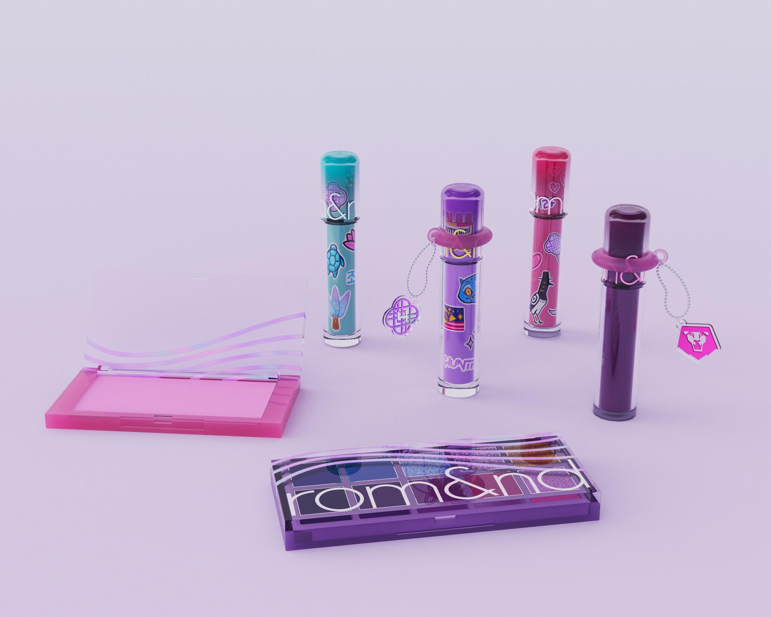 Full Rom&nd x Kpop Demon Hunters product lineup: eyeshadow palette, lip glosses, and blush compacts on a lavender background