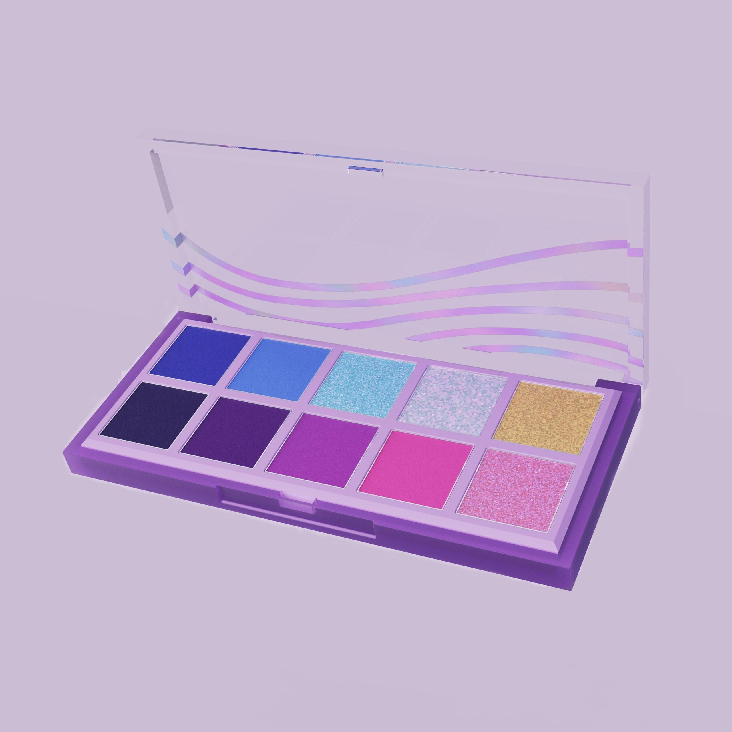 Ten-pan eyeshadow palette in blues, purples, pinks, and gold with the lid open
