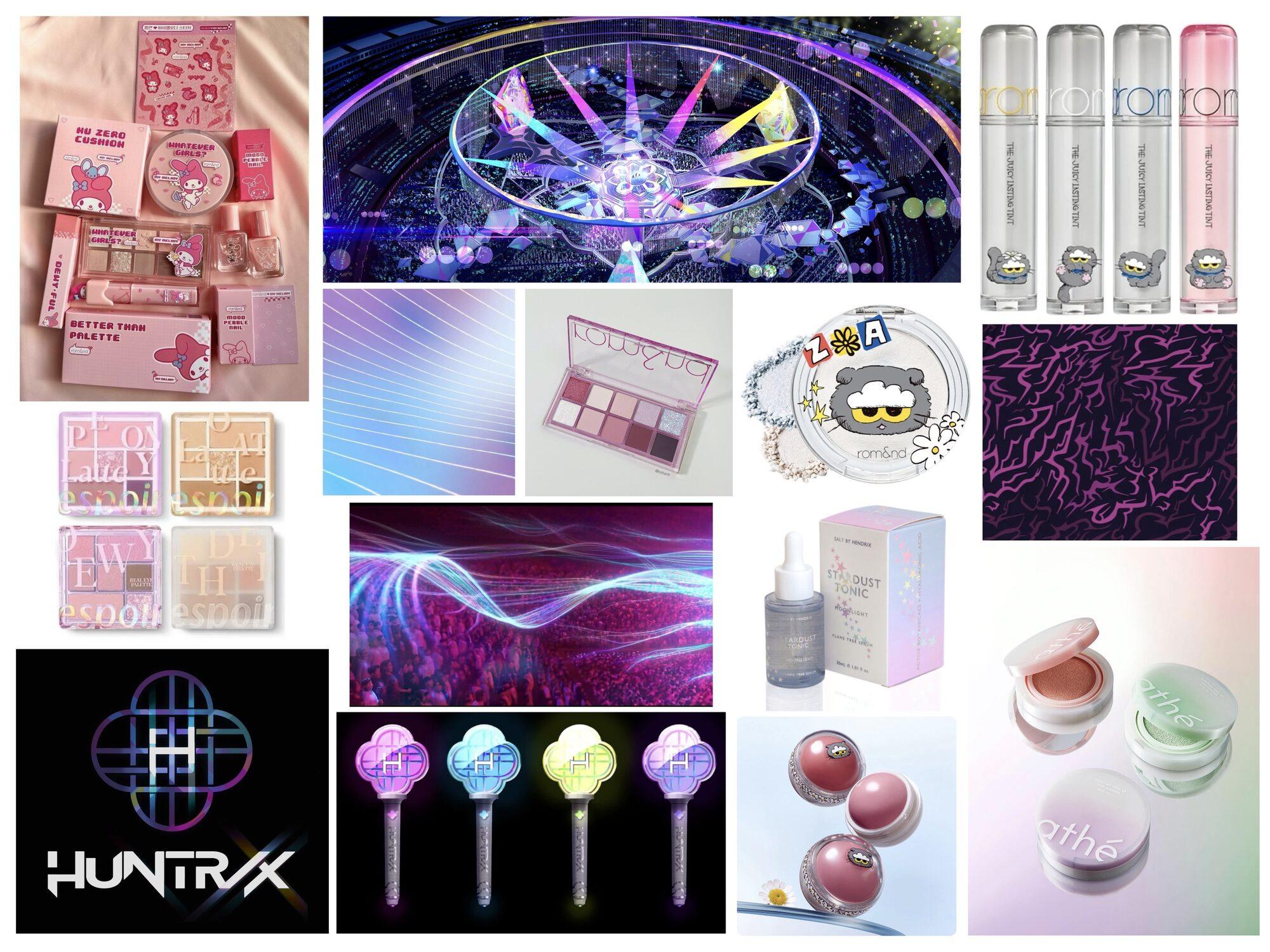 Mood board of reference products, colors, and motifs from Kpop Demon Hunters and other Rom&nd collaborations