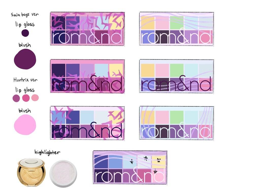 Sheet of exploratory sketches for packaging designs, product colors, and graphics