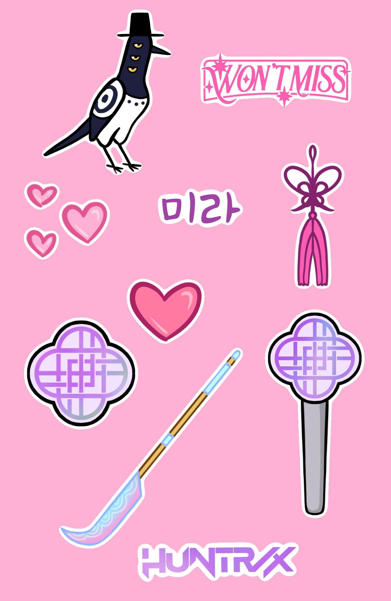 Mira sticker sheet with magpie, gwan-do, and Hangul name designs on a pink background