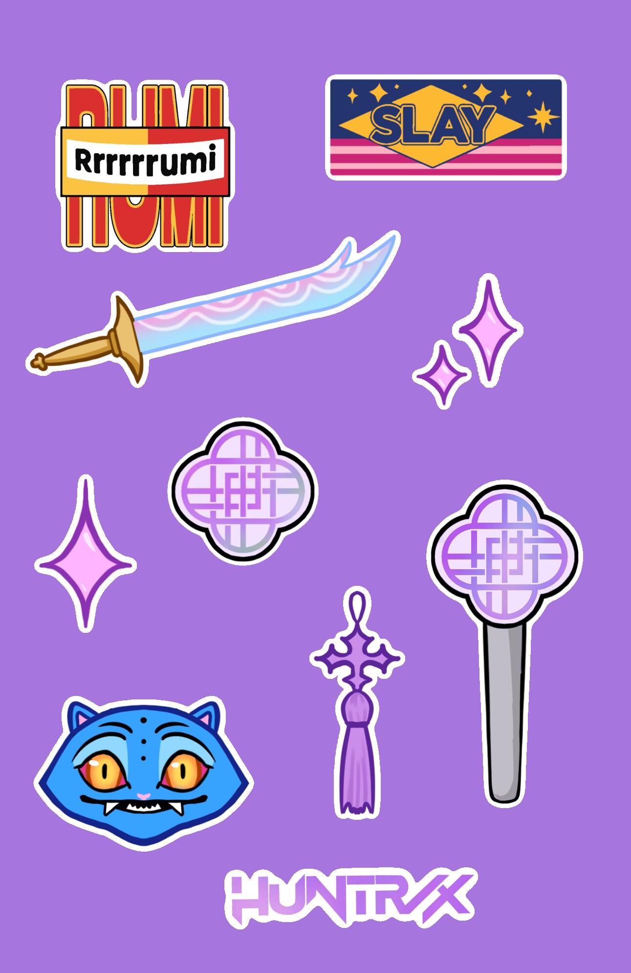 Rumi sticker sheet with sword, cat, and charm motif designs on a purple background