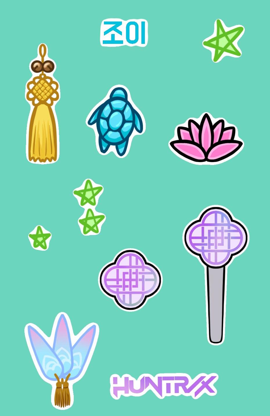 Zoey sticker sheet with turtle, lotus, and tassel designs on a green background