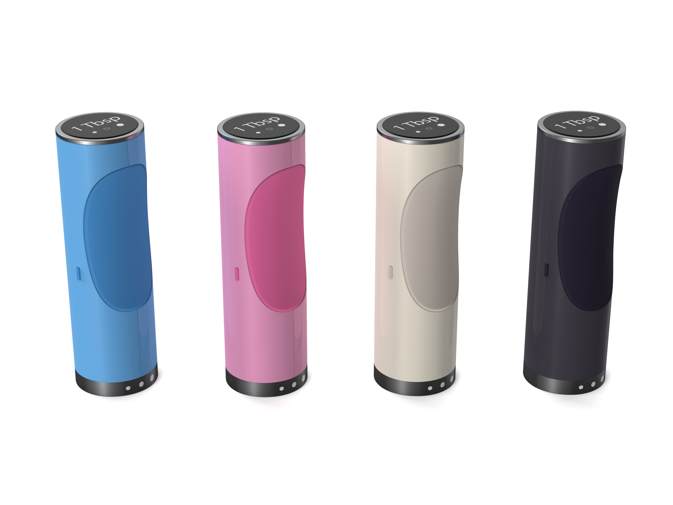 All four grinder colorways shown side by side: powder blue, pastel pink, warm cream, and midnight black