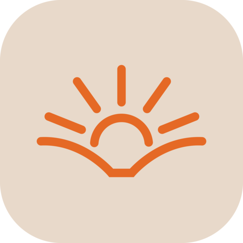 Solbound app icon: an orange sun-and-book logomark on a tan background