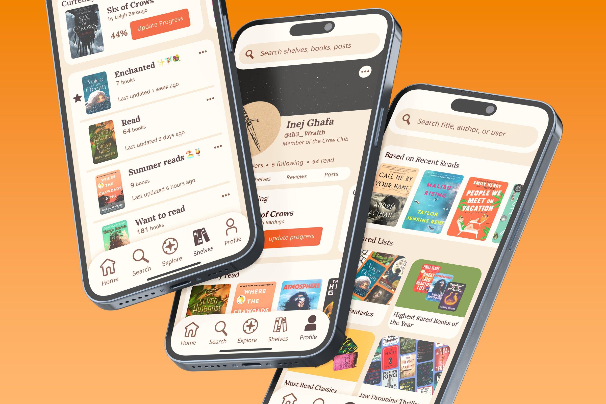 Close-up of the tilted iPhone mockups of the Solbound reading app on an orange background