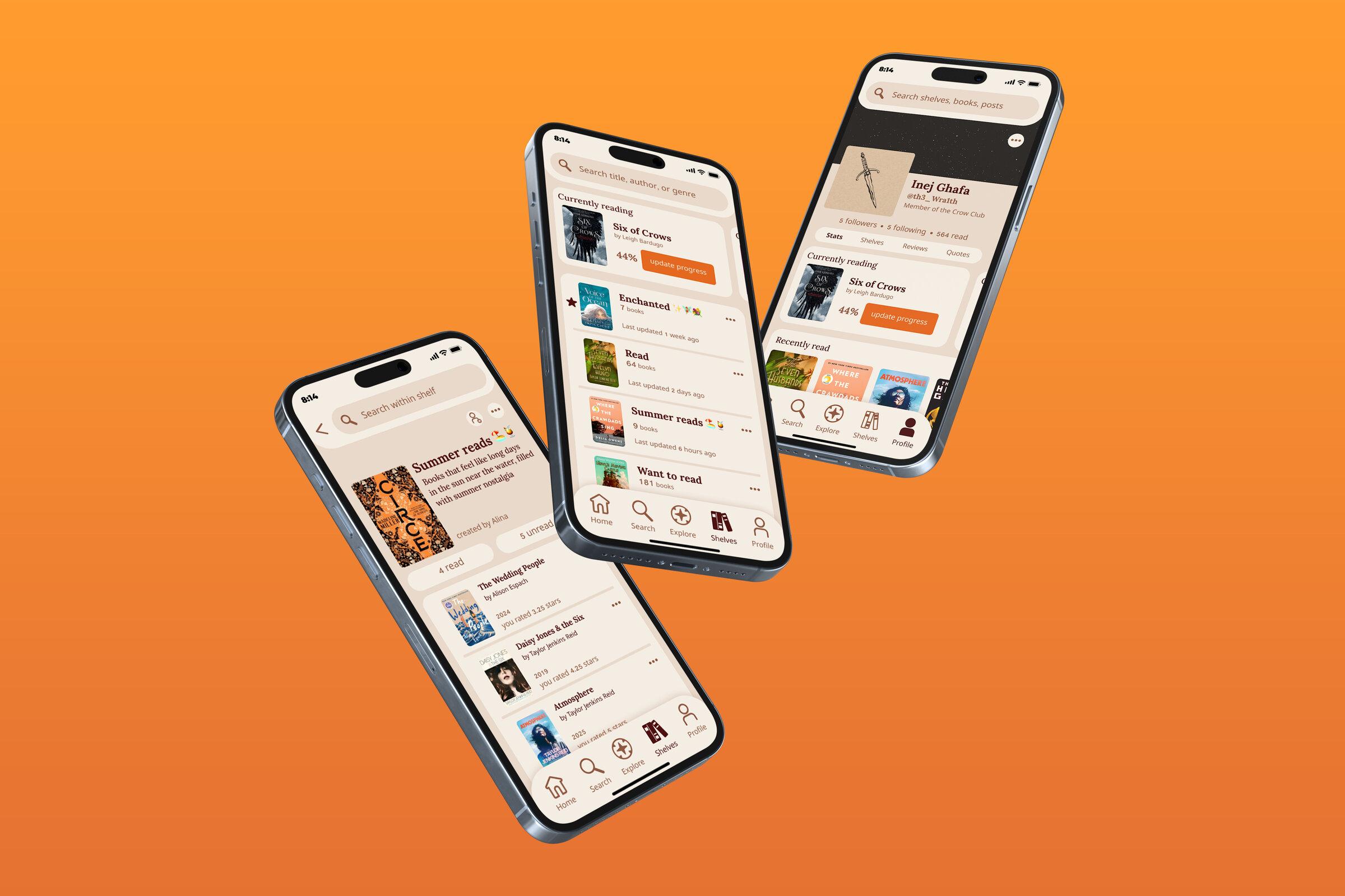 Three tilted iPhone mockups of the Solbound reading app showing the shelves, search, and profile screens on an orange background