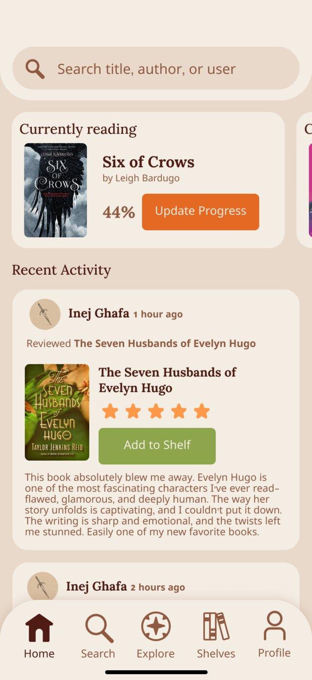 Solbound home screen showing a currently-reading card and a recent activity feed