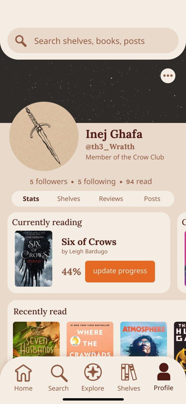 Solbound profile screen showing the stats tab with currently reading and recently read books