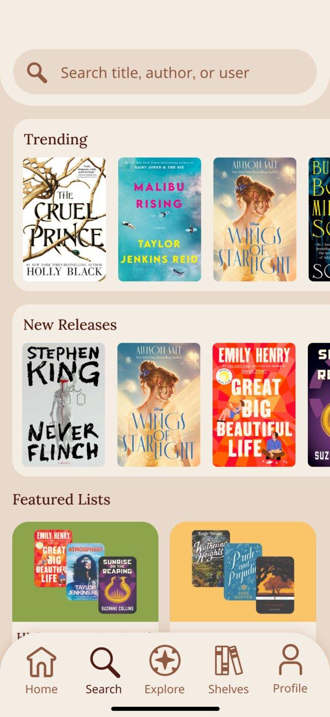 Solbound search screen showing trending books, new releases, and featured lists